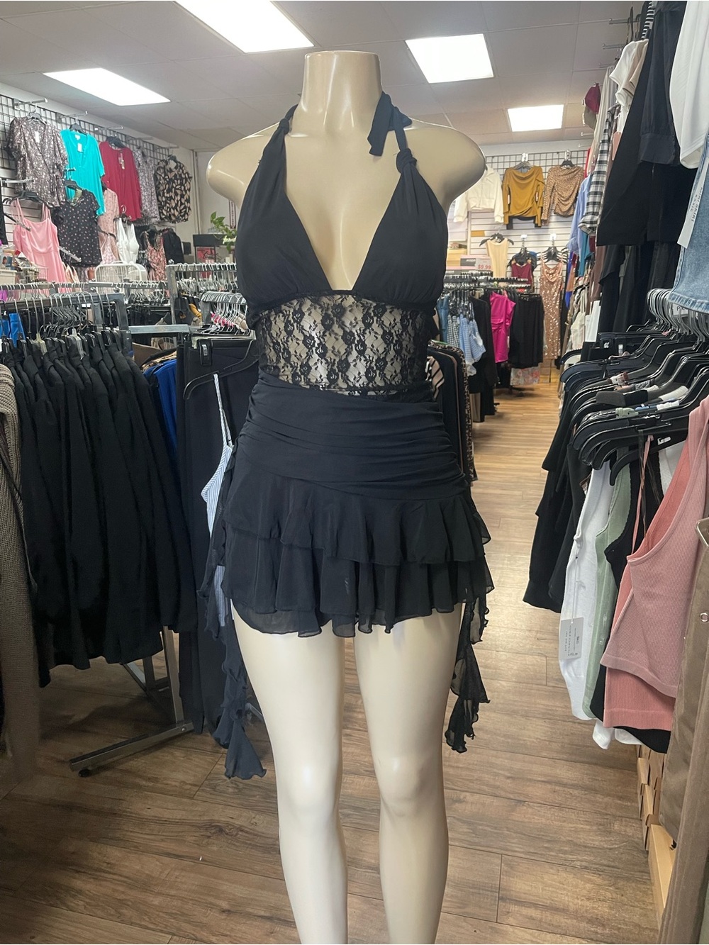 Black Lace Halter Ruffle Mini Dress
